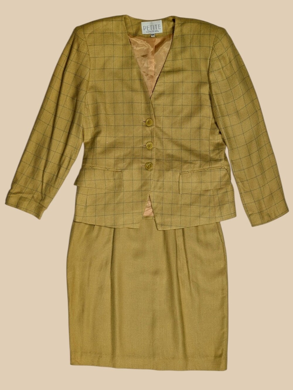 Petite Sophisticated Mustard Plaid Womens Skirt Suit